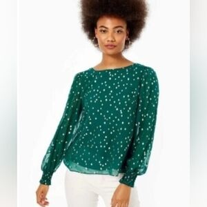 Lilly Pulitzer Green & Metallic Gold "Idina" Silk Blouse (NWT!)